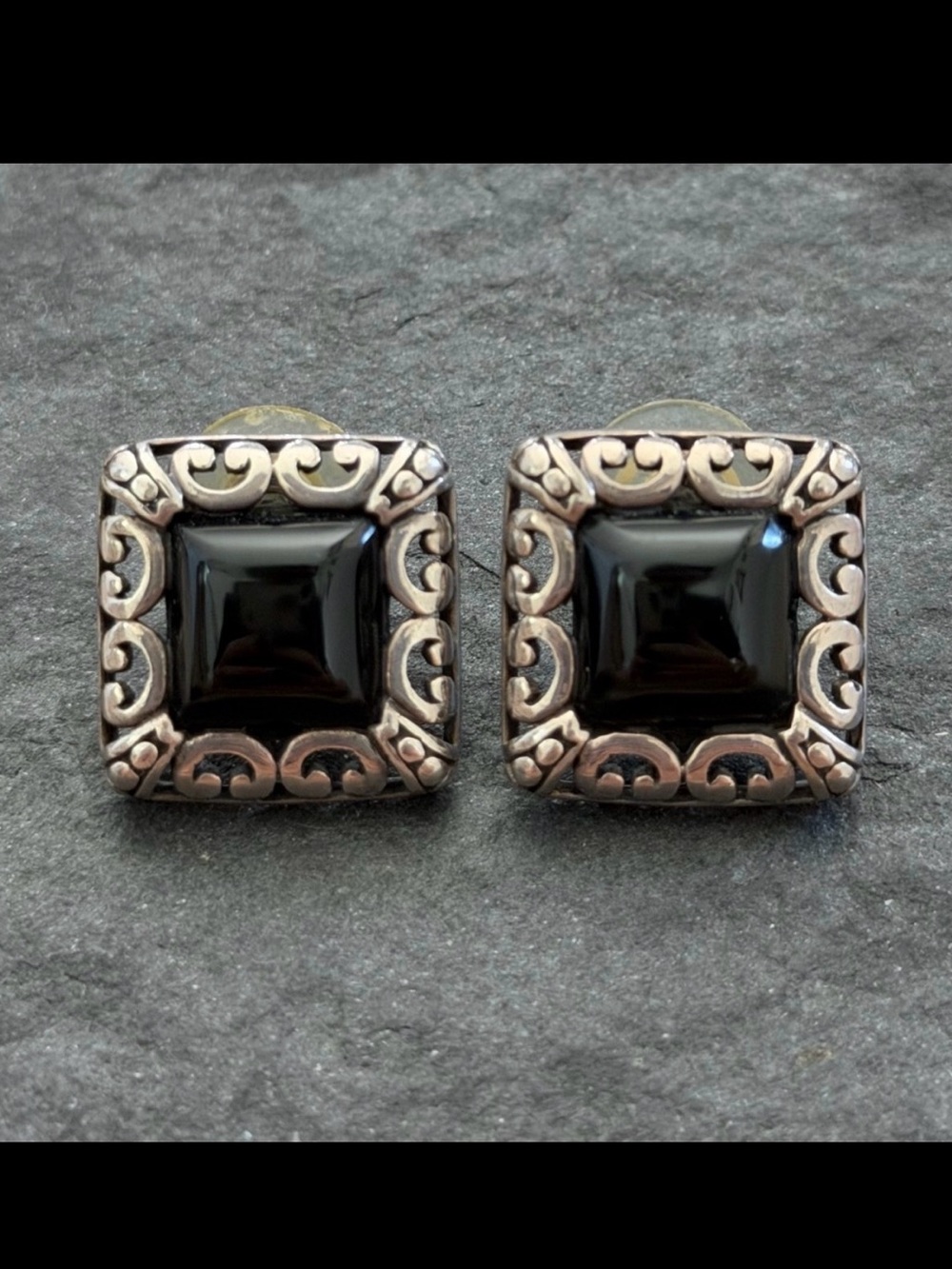 Vintage Sterling Silver Black Onyx Filigree Post Earrings